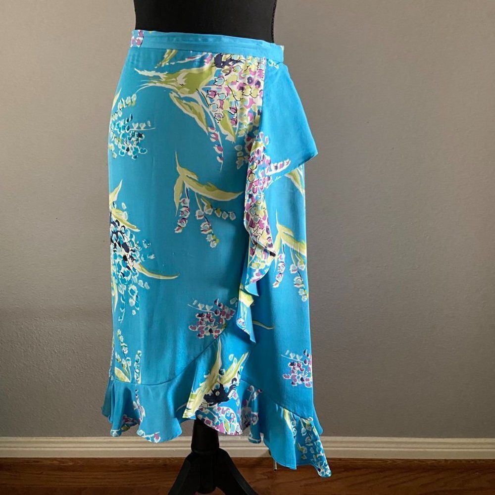 Valerie Stevens Turquoise Floral Midi Skirt with Yellow & Pink Accents